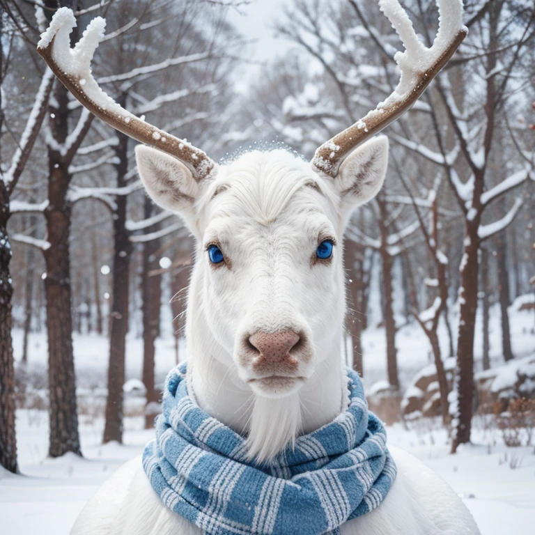 White reindeer/snow background/blue eyes/portrait