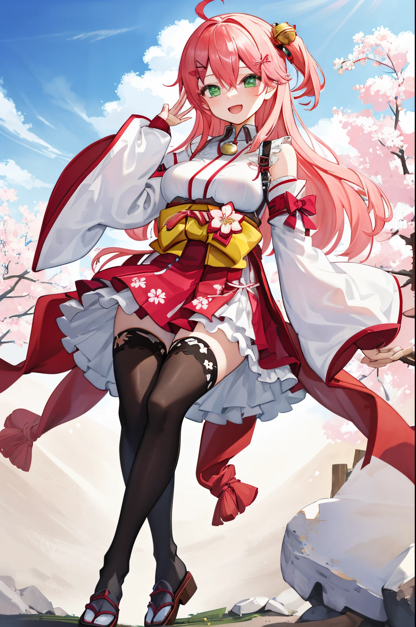 masterpiece, best quality, highres, sakura_miko, 1girl, (li:1.3),medium_breasts, kimono, solo, ahoge, x_hair_ornament, pink_hair, floral print, hairclip,(side_less_clothes:1.3), (side_breasts:1.3), hair_bell, floral print, long_hair, hair between eyes, one side up, white_thighhighs, wide sleeves, open_mouth,(happy:1.3),green_eyes,smile,apart_legs,(overly_long_sleeves:1.3),),sleeves_past_wrists,hands_hidden_sleeves,sidelock_clothes,solo,hidden_wrists,(XD:1.5),covered_nipples,sunlight,(bare_flank:1.3),boots,open_mouth,kimono,