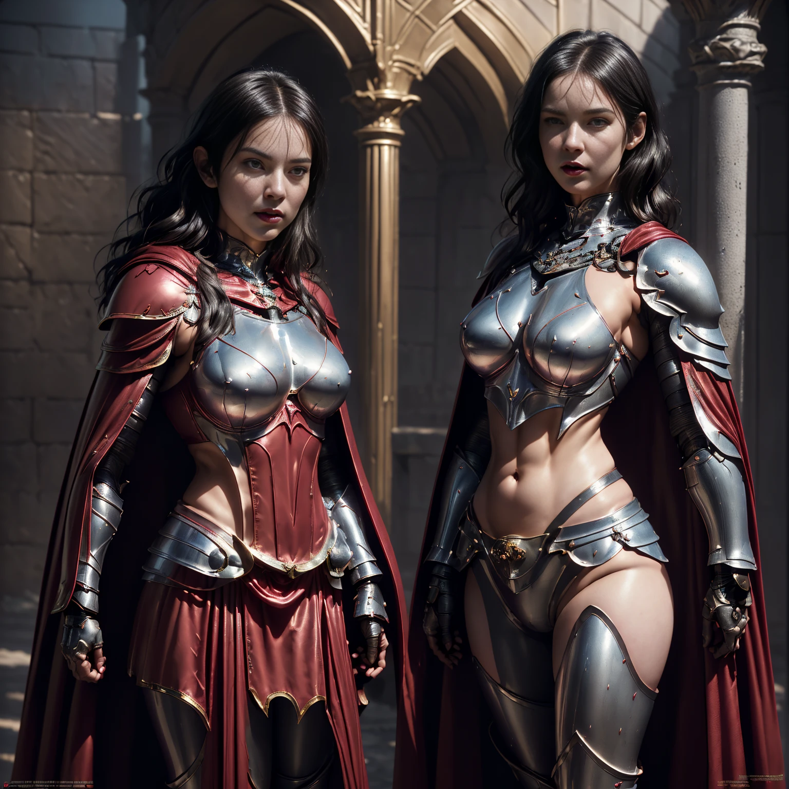 Arafed woman in armor and red cape, portrait knight female, portrait of female paladin, Girl in a bra, , beautiful female knight, 3d rendered character art 8 K, cinematic landscape, fantasy character portrait, tom bagshaw weta studio, Naked, Nudie