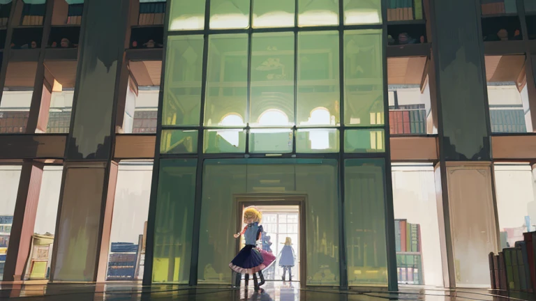 tmasterpiece, Best quality at best, Meticulous, A high resolution, Extremely Delicately Beautiful, Volumetriclighting, The best shadow, shallowdepthoffield, 1 girl, blond hairbl, a pink eyes, (humongous large breast), Suspenders, pleatedskirt, sitted, sobu, bookshelves,
