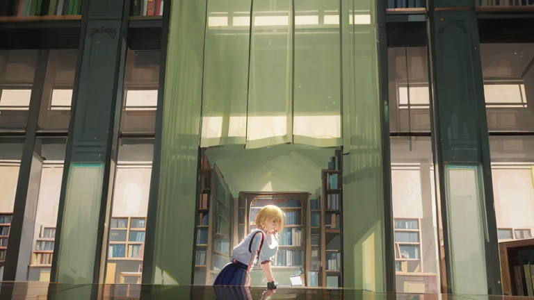 tmasterpiece, Best quality at best, Meticulous, A high resolution, Extremely Delicately Beautiful, Volumetriclighting, The best shadow, shallowdepthoffield, 1 girl, blond hairbl, a pink eyes, (humongous large breast), Suspenders, pleatedskirt, sitted, sobu, bookshelves,