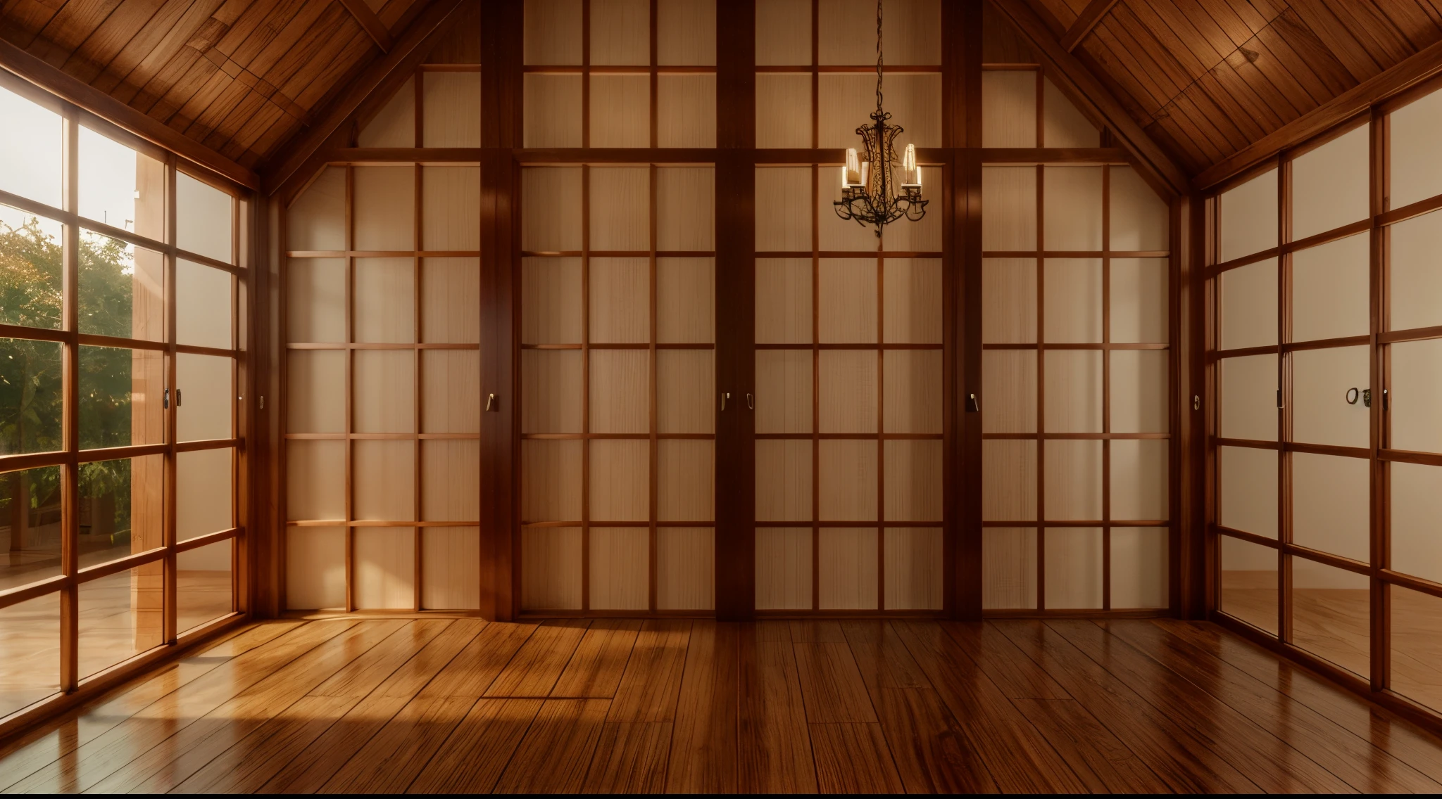 empty room with wooden windows, mahogany floor, high detail, straight lines, 8k detail, ultra quality, Photorealistic, smooth and clear lines