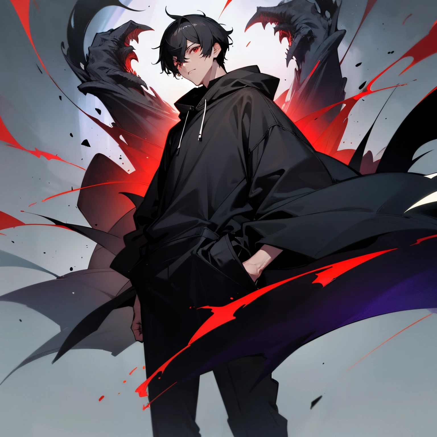 Man, adult man, tall, handsome, cool, beautiful, expressionless face, oversized hoodie, black clothes, black hoodie, black hair, black eyes, black shadow monster with red eyes behind the man
