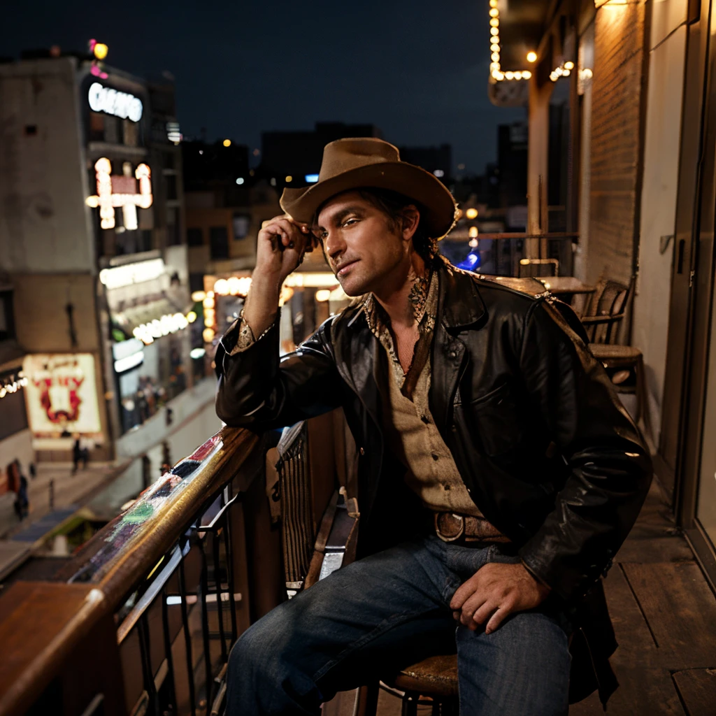 A cowboy sits on the balcony of a bar on New Year's Eve