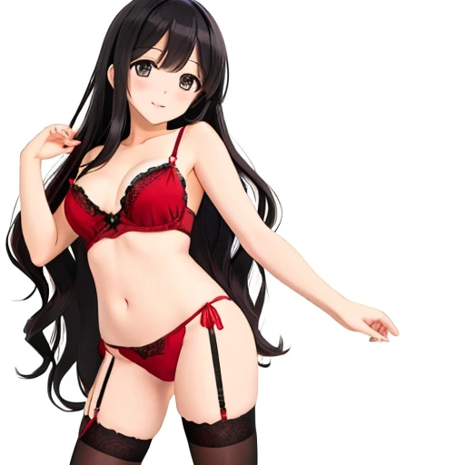 masutepiece, Best Quality,A detailed illustration、high-level image quality、hightquality、8K、((background should be simple:1.8))、 23 year old beautiful woman, slightly larger udder、with adult goods、Black hair:1.5、Wavy long hair、独奏、1womanl、garter stocking、Wearing red sexy lingerie、Full body、Ecstatic look