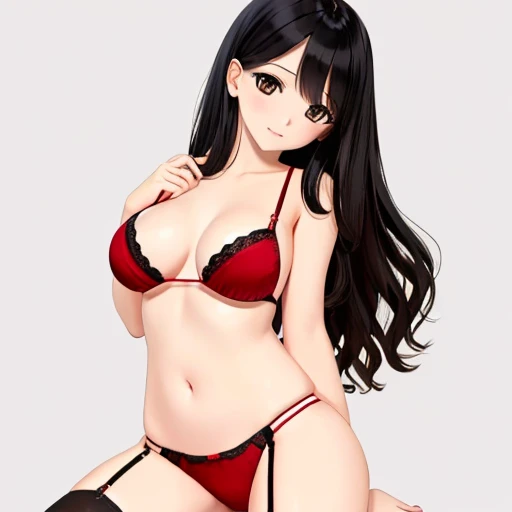 masutepiece, Best Quality,A detailed illustration、high-level image quality、hightquality、8K、((background should be simple:1.8))、 23 year old beautiful woman, slightly larger udder、with adult goods、Black hair:1.5、Wavy long hair、独奏、1womanl、garter stocking、Wearing red sexy lingerie、Full body、Ecstatic look