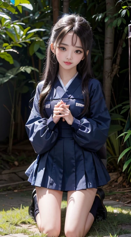Kawaii Girl,japanes,14years,Full Body Display、​masterpiece、８K、Wearing a neat and navy blue elementary school graduation uniform and miniskirt、low angles,With the best image quality、beautiful a girl, cute little,, hight resolution, ultra-detailliert, finely detail, ighly detailed, extremely detailed eye and face, Sharp pupils,Teenage girl standing at campsite。In ultra-high resolution,Cute smile, Cinematic lighting,tranquil atmosphere、Beautiful fine details,extremely detailed eye and face、Ultra-wide-angle shooting、Kneeling on one leg,elementary student