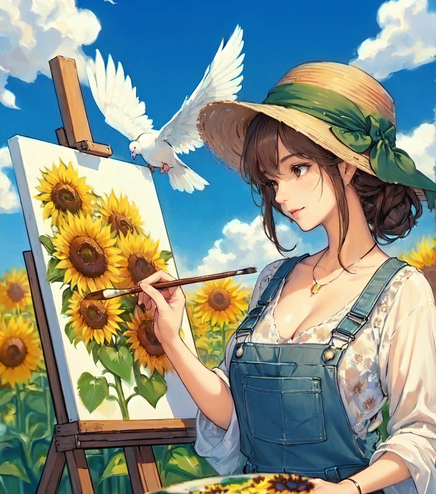 1lady solo, (painting (a sunflower oil painting) on a canvas), (stylish outfit) overalls (hat with a green hatband:1.1), mature female, /(black hair/) bangs, light smile, (masterpiece best quality:1.2) delicate illustration ultra-detailed, large breasts BREAK (painting of a sunflower) (a white dove flying), (painting brush), (palette of paintREAK (field of sunflowers under the blue sky) outdoors