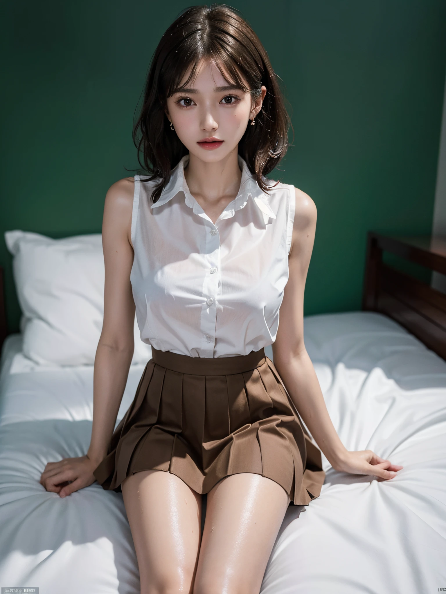 absurdres, RAW photo, extremely delicate and beautiful, masterpiece, Best Quality, ultra high resolution, 16k, hyperrealistic, ultra-detailed, perfect anatomy, super Detailed skin, perfect figure, Very detailed CG 8k wallpaper, in her 20s, very Slim body, narrow waist, very small head, very small face, delicate facial features, tearful mole, earring, thin legs, (very huge round breasts), 1 girls, (full body shot), bare legs, short hair, wavy hair, light brown hair, ((wet)), (school uniform), skirt, collared dress shirt, bed, sleeveless,