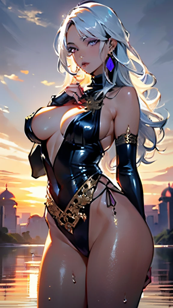 ((Giselle Ashford)) arabian girl,1girl,

(massive busting breasts:1.4),((((long white wavyh hair,white hair, silk hair, colored inner hair)))),(((purple_eyes:1.3))),intricate eyes,beautiful detailed eyes,symmetrical eyes,((((lustrous skin:1.5,tanned skin,bright skin: 1.5,skin tanned,shiny skin,very shiny skin,shiny body,Reflective skin)))),((large breats)) (spider lower abdomen,narrow waist,wide hip,athletic body,inflated legs,thick thighs,(detailed face)),beautiful detailed lips,

cute,slutty,,seductive look,seductive,((erotic)),opulent,sumptuous,((nsfw)),

((arabian princess:1.5),Wearing a complex headscarf,Long vest,silver embroidery and jewelry),arabian accessories,(silver jewelry in her arms),earrings,(((eyeshadow,arabian makeup,eyelid makeup))),(((black clothes,purple outfit,wet clothes,intricate outfit,embroidered outfit,ornate outfit,intricate cloth,embroidered cloth,ornate cloth))),

(dynamic pose:1.3), looking at viewer,embarrassed,centered,scale to fit dimensions,Rule of thirds,

outdoors,(egyptian palace,glass pyramid , glasspyramids in the background),scenery,(oasis,oasis background),extremely scenery,(puddles everywhere,moss,moss on the background),clouds,Egypt style,Egypt castle,lily pads,palms,reeds,(sunset, golden hour), wet breats, see through breats

(Glossy Egyptian ornaments),(top-quality,8K,32K,​masterpiece),high resolution,(Photorealistic:1.4),Ray tracing,Sun glare,depth of fields,By backlight effect,Add depth to your screen,(((vibrant colors,vibrant theme))),(intricate),(high contrast,photorealistic artwork:1.37),(best quality,4k,highres,masterpiece:1.2),ultra-detailed,(realistic,photorealistic,photo-realistic:1.37),professional,