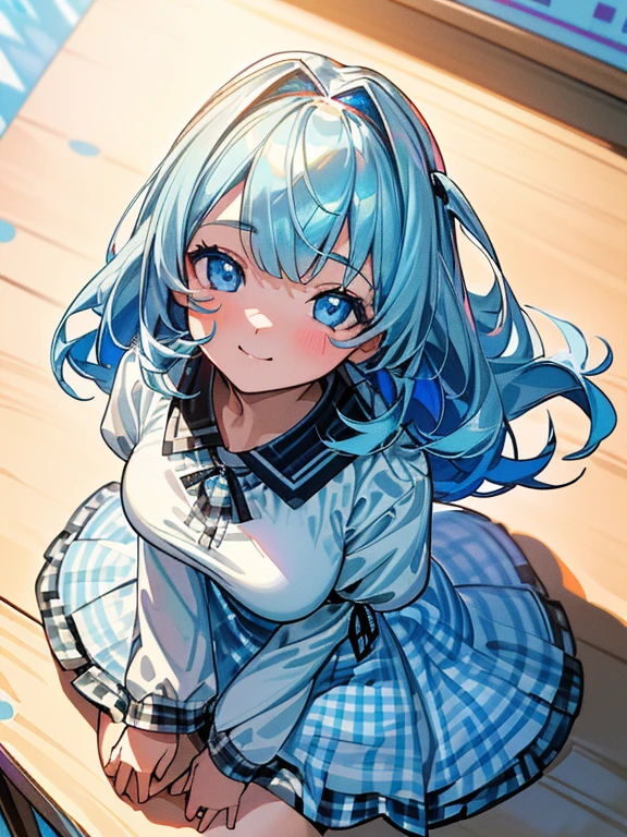 ((​masterpiece、top-quality:1.5、a high chroma:1.5、ultra-detailliert、high-resolution illustrations:1.5、Ultra-high-definition CG、8k size wallpaper、offcial art))、,(highly colorful:1.5),(from above:1.5),(1girl),(Cute little girl:1.5)、(Shining blue eyes:1.5),(Beautiful face:1.5,Beautiful eyes:1.5)、(close to viewer:1.5),((sit on the desk、 crossed legs:1.5)),
(forced smile:1.3)、(sexy body),(colourful gingham dress:1.5), (Beautiful colourful gingham dress in every detail),(high heel boots),(medium breasts:1.5),,(Shining blue eyes:1.8)、(cowboy shot:1.5)、(), ,,​​colourfull、