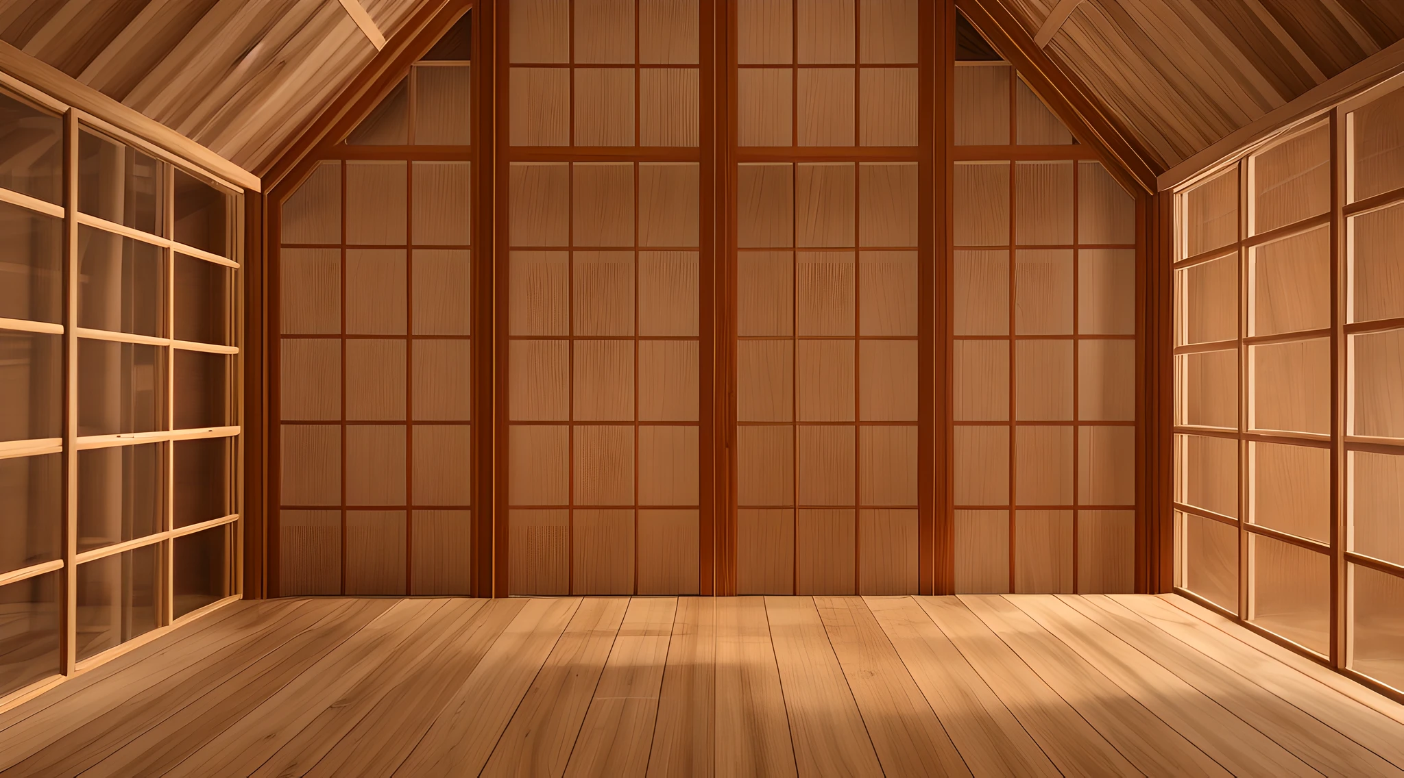 empty room with wooden windows, mahogany floor, high detail, straight lines, 8k detail, ultra quality, Photorealistic, smooth and clear lines