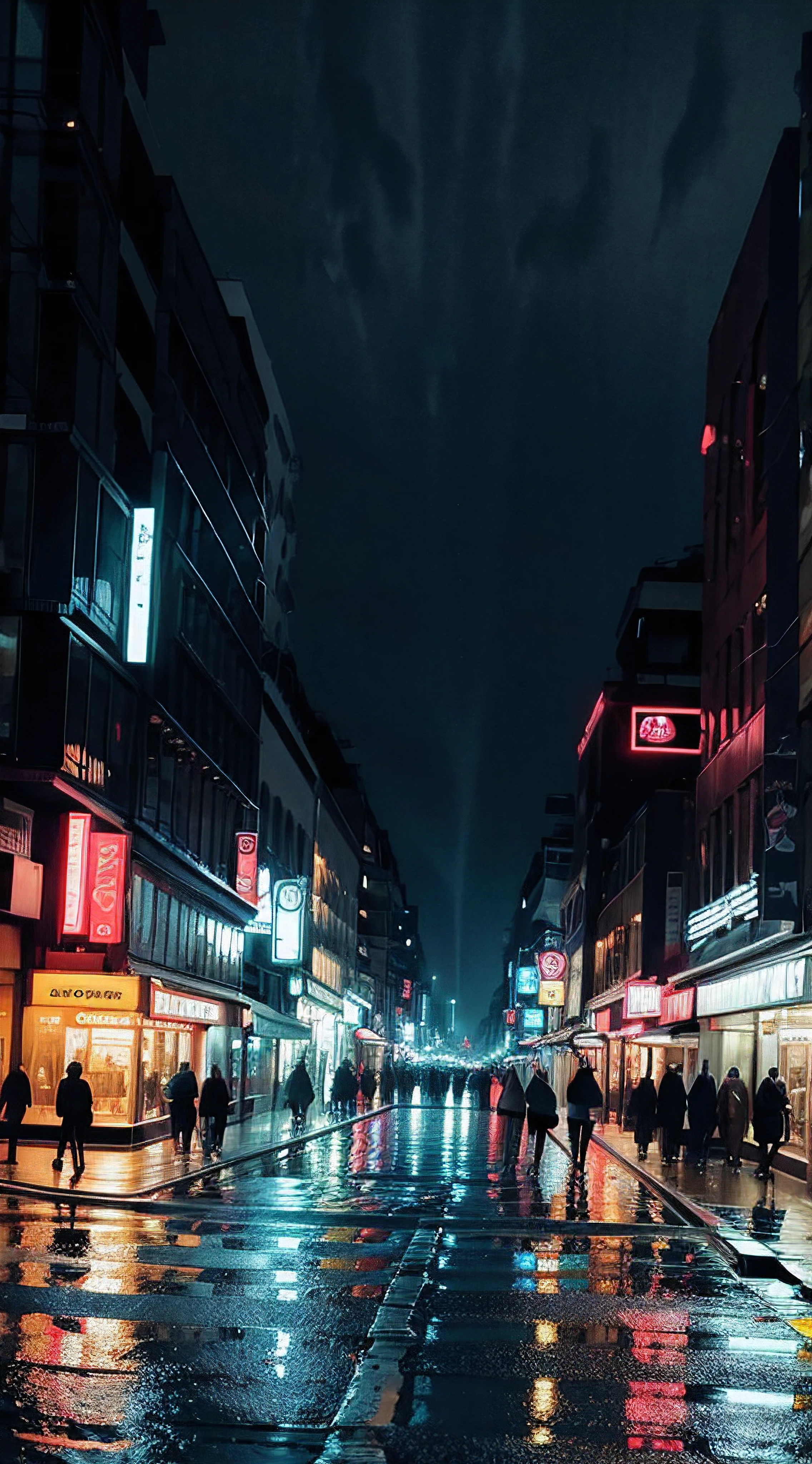 photorealistic, best quality, masterpiece, empty rainy street, neon lightdark theme