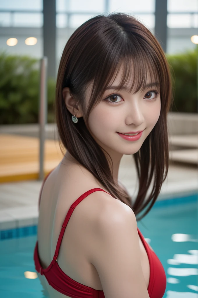 Shining Red Bikini Swimsuit,Face Interview, (Photo Real:1.4), (hyper realisitic:1.4), (realisitic:1.3), (Smooth lighting:1.05), (Improve video lighting quality:0.9), 1womanl, a 20 yo woman, Realistic lighting, Back lighting, Facial light, raytrace, (cheerfulness:1.2), (Improved image quality:1.4), (Finest Real Textured Skins), finely eye, a small face, Red cheeks, skinny body, medium-breasted pointed jaws,,,,,,,,,,, Korean Idol, Nogizaka Idol, glowy skin, hposing Gravure Idol, P, Blunt bangs, light brown hair, hair behind ear, hair over shoulder, Long hair,Tear bag,。Kuroko under the eyes、Outdoor pool side