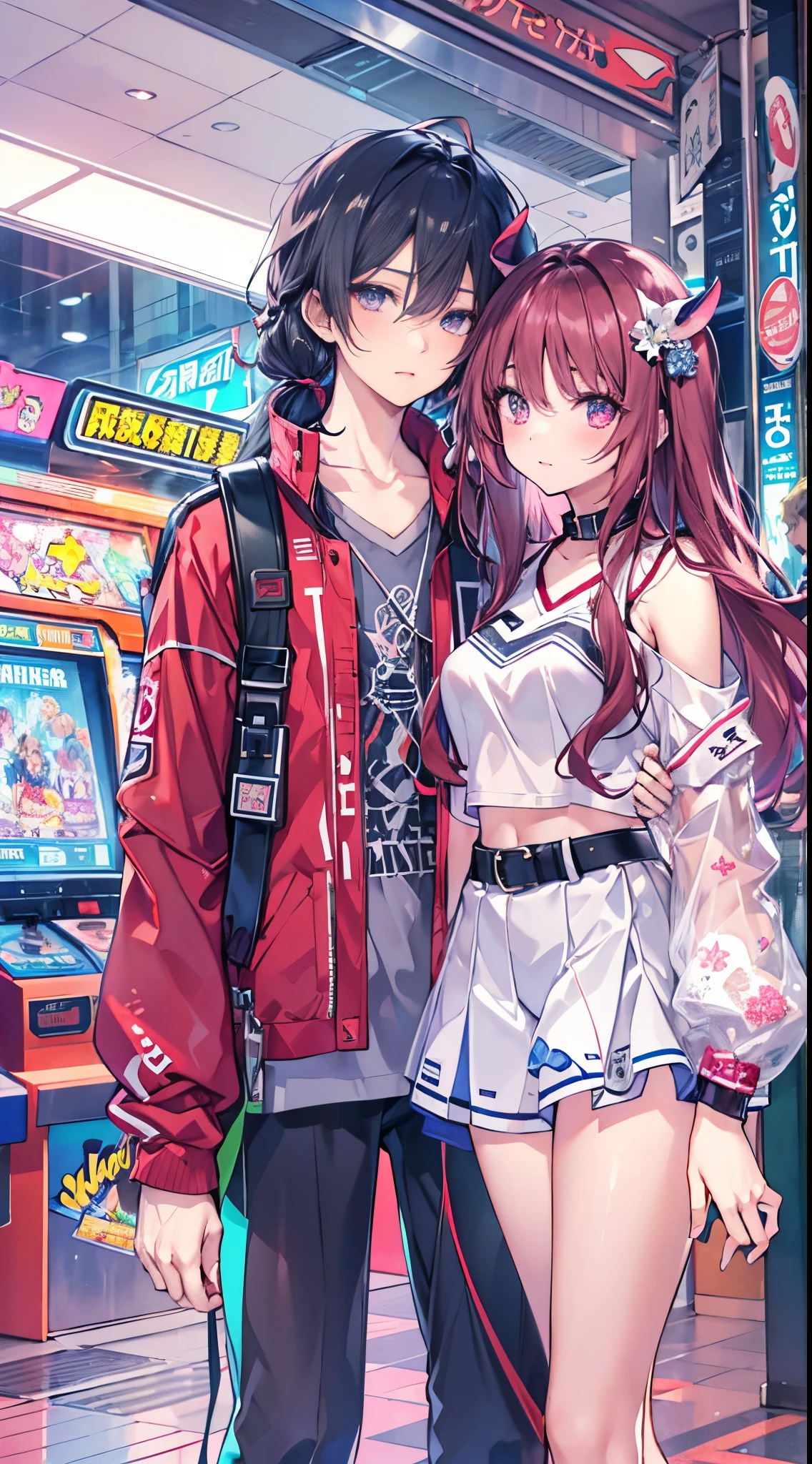 ((tmasterpiece)), Best quality at best, hoang lap, ultra - detailed, holograph, cow boy shot, the golden ratio, super cute girls, Mature girls, Idol girl, Super beautiful asian girl，Has very beautiful violet glowing eyes, Beautiful shiny brown multicolored hair, high ponytails, Good and harmonious , slim, perfect bodies, Wear an ultra-tight anime print tights, Anime print super tight off-the-shoulder long-sleeved crop top, Super beautiful transparent mini jacket, beautiful hair ornaments, Pink Jordan Tennis, Hanging out with her handsome nerdy skinny boyfriend, With black messy shiny hair, In arcade games