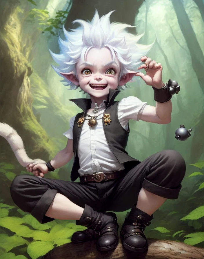 a small male imp with white hair, insect antennae, monkey tail, black vest with bells, cheeky expression, crazy hair, childlike, black pants and boots, fantasy forest in background, big eyes, sunny day, laughing, gleeful, by justin gerard