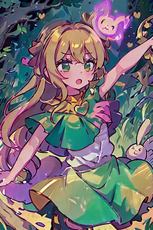 A female character, girl, golden hair, wear a green dress, a dark green cape with a golden bow, and a hot-pink heart-shaped pendant, set in a charming forest scene.