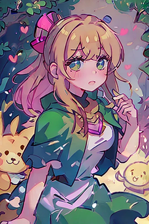 A female character, girl, golden hair, wear a green dress, a dark green cape with a golden bow, and a hot-pink heart-shaped pendant, set in a charming forest scene.