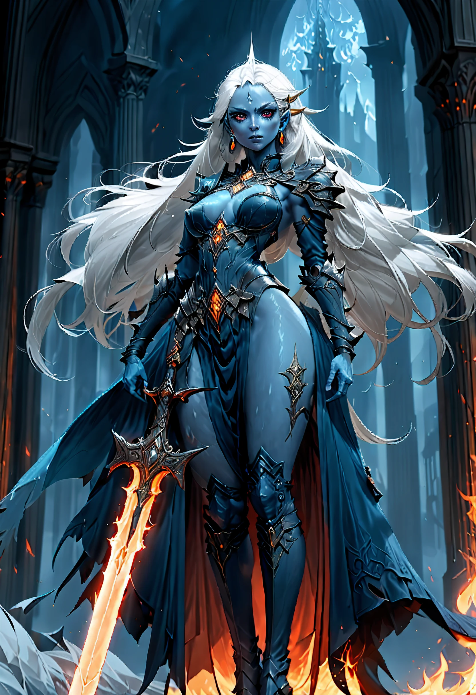 fantasy art, dnd art, RPG art, drkfntasy wide shot, (masterpiece: 1.4) portrait, intense details, highly detailed, photorealistic, best quality, highres, glowing particle portrait a vedalken female (fantasy art, Masterpiece, best quality: 1.3) (blue skin: 1.5), intense details facial details, exquisite beauty, (fantasy art, Masterpiece, best quality)cleric, (blue colored skin: 1.5) blue skinned female, (white hair: 1.3), long hair, intense green eye, fantasy art, Masterpiece, best quality) armed a fiery sword red fire, wearing heavy (white: 1.3) half plate mail armor CM-Beautiful_armor wearing high heeled laced boots, wearing an(orange :1.3) cloak, wearing glowing holy symbol GLOWING EARRINGS, within fantasy temple background, reflection light, high details, best quality, 16k, [ultra detailed], masterpiece, best quality, (extremely detailed), close up, ultra wide shot, photorealistic, RAW, fantasy art, dnd art, fantasy art, realistic art,