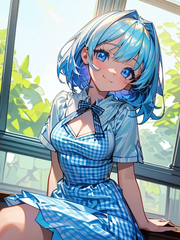 ((masterpiece、top-quality:1.5、a high chroma:1.5、ultra-detailliert、high-resolution illustrations:1.5、Ultra-high-definition CG、8k size wallpaper、offcial art))、,(highly colorful:1.5),(front view:1.5),(1girl),(Cute little girl:1.5)、(Shining blue eyes:1.5),(Beautiful face:1.5,Beautiful eyes:1.5)、(close to viewer:1.5),((sit on the desk、 crossed legs:1.5)),
(forced smile:1.3)、(sexy body),(colourful gingham dress:1.5), (Beautiful colourful gingham dress in every detail),(high heel boots),(medium breasts:1.5),,(Shining blue eyes:1.8)、(cowboy shot:1.5)、(), ,,colourfull、