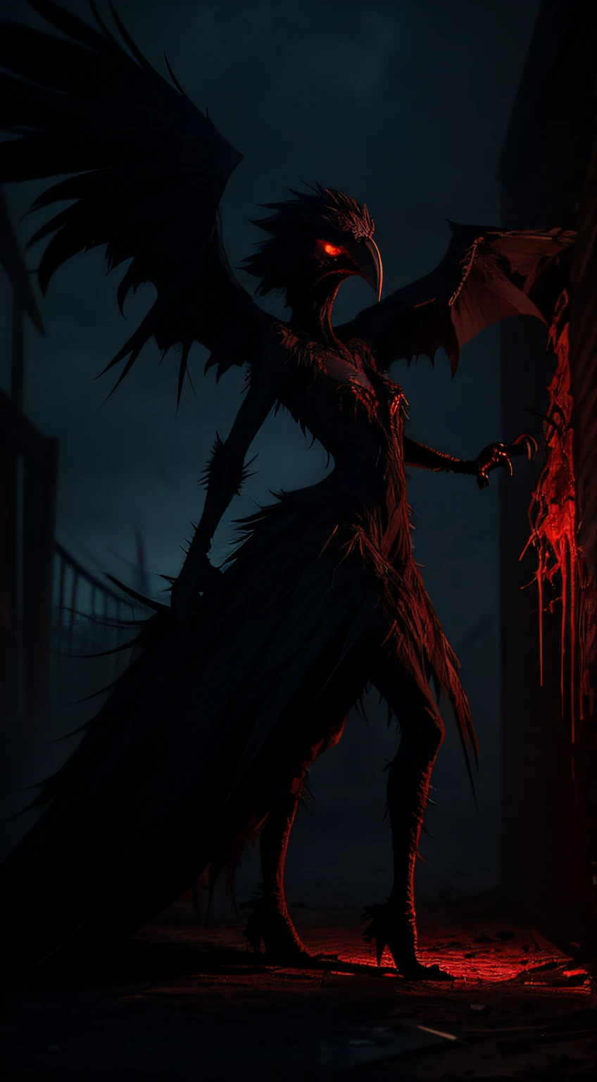 A sinister bird with razor-sharp beak and blood-red eyes emerges from the darkest shadows, exuding an aura of terror. Its feathers are tangled, tattered, and oozing a grotesque, dark substance. The eerie moonlight illuminates its wicked silhouette, casting menacing shadows that dance around its haunting figure.