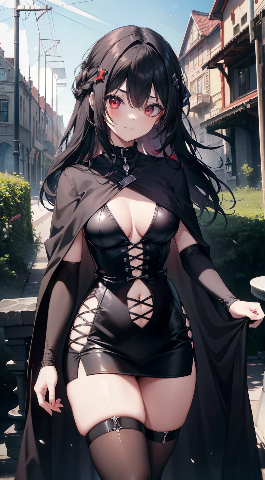 (masterpiece), (best quality), (4k resolution), (anatomy; perfect), 1 adult goth girl, fair skin, red eyes, (big black hair), (locks, bangs), loose hair, (effects highlights in hair), eyebrow, nose, ear, tight mouth, smile, (gothic clothing style), gothic clothing, ((without any cape on the back)), (big chest), (perfect belly), (perfect waist) , thigh thick legs, standing, background scenery, in the park, beautiful day, lighting, looking at viewer