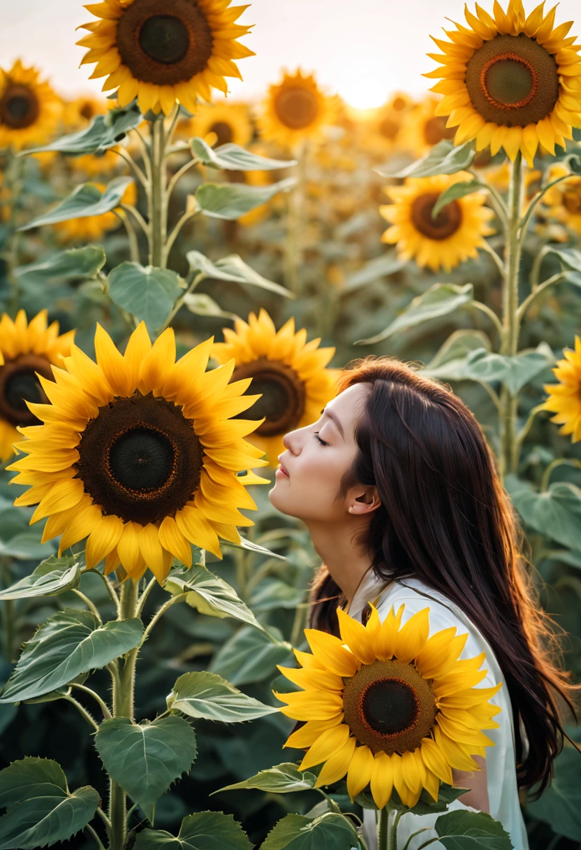 Girl around wilting sunflowers
