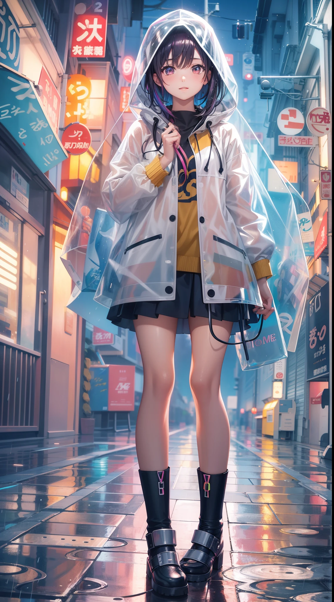 highest quality,16K quality,Ultra-clear image quality,Anime girl standing in rain in raincoat, Rainbow color illustration, magically glowing, Shiny and colorful, a hologram, author:By Yumi, Anime art wallpaper 8 K, Gurwitz style artwork, Anime art wallpaper 4k, Anime art wallpaper 4k, girl in raincoat, beautiful anime artwork, digital anime art, Guviz