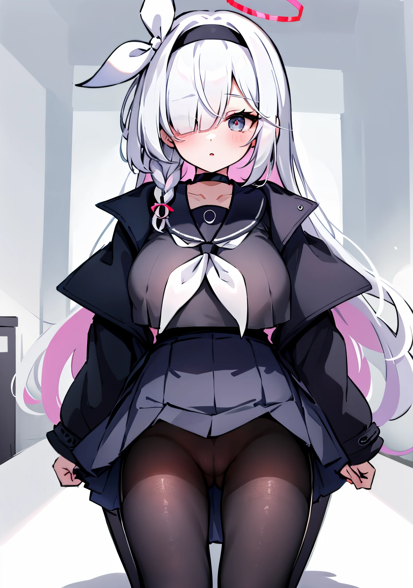 ((masterpiece,best quality)),
1girl,solo,arona \(blue archive\),hair over one eye,hairband, halo, black choker, choker, school uniform, braid, long hair, serafuku, white hair, sailor collar, pleated skirt,bangs, ribbon, long sleeves, neckerchief, collarbone,black hairband, white neckerchief,black skirt, hair ribbon, jacket, single braid, bow,
pantyhose, black pantyhose,no shoes,parted lips, blush,(very huge breast),The perspective viewed from the bottom up,Lift your skirt,lifted by herself,dress lift,skirt lifted,((covered nipples)),cameltoe,(no pants),spread legs