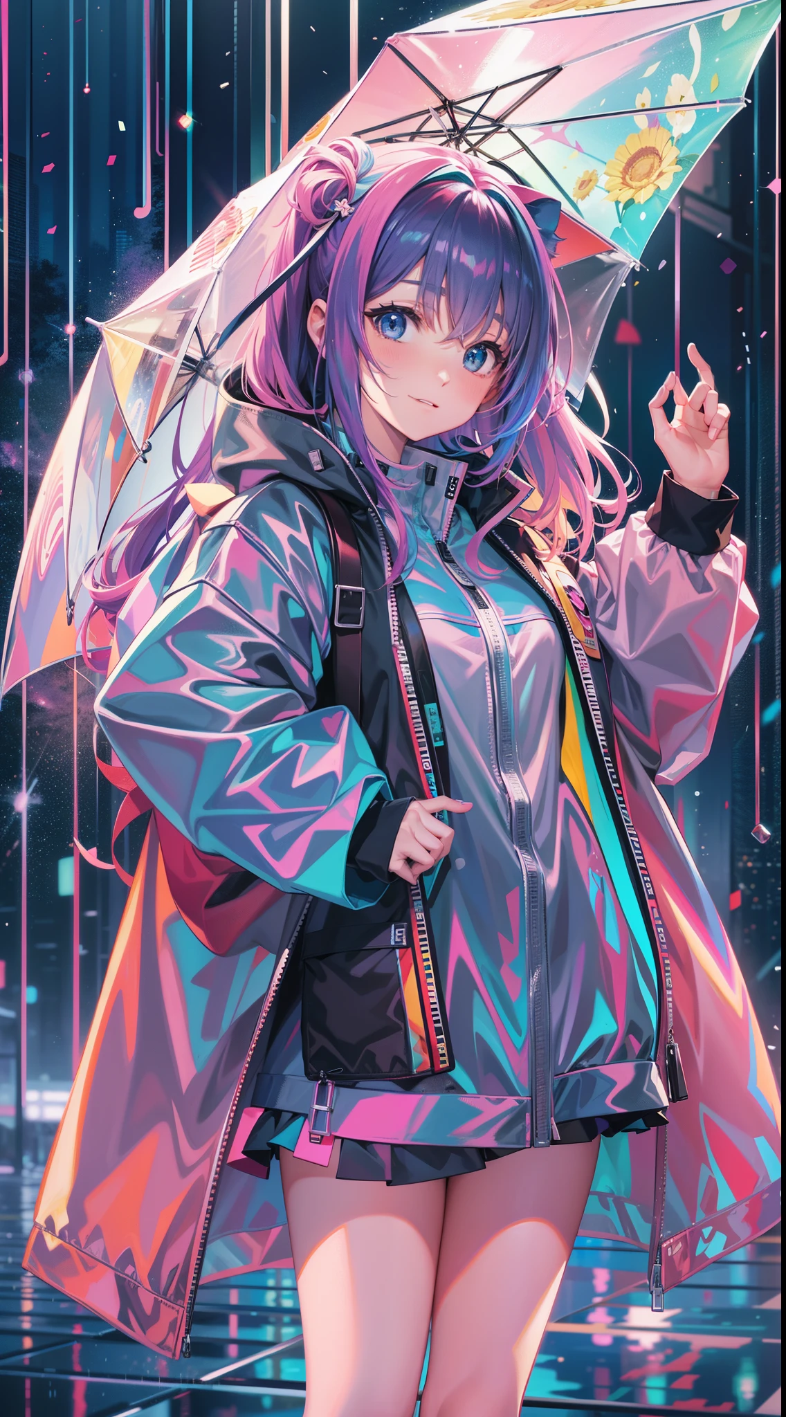 highest  quality，16K quality，Ultra-clear image quality，Anime girl standing in rain in raincoat, Rainbow color illustration, magically glowing, Shiny and colorful, a hologram, author：By Yumi, Anime art wallpaper 8 K, Gurwitz style artwork, Anime art wallpaper 4k, Anime art wallpaper 4k, girl in raincoat, beautiful anime artwork, digital anime art, Guviz