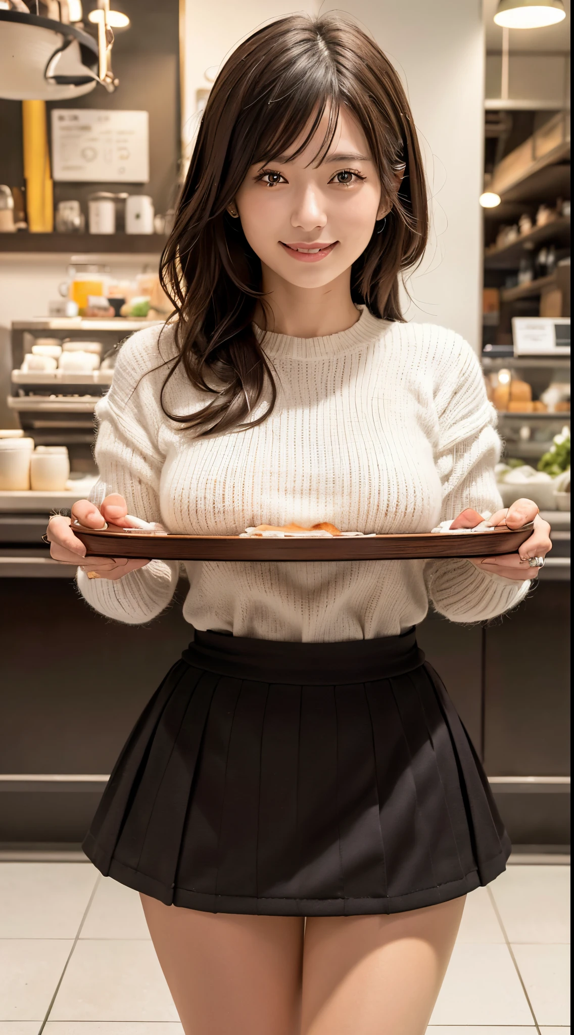 (Best Quality, Masterpiece, Photo realistic, Ultra Detailed, ultra high res, raw:1.3), (1girl, pretty Japanese), (smile), (knit sweater), (breasts on tray, round tray), mini-skirt, cafe, bangs,