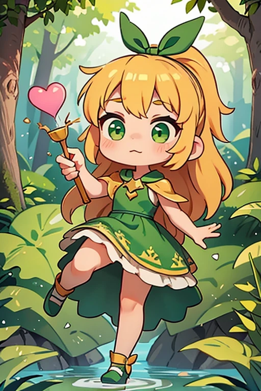 A female character, girl, golden hair, wear a green dress, a dark green cape with a golden bow, and a hot-pink heart-shaped pendant, set in a charming forest scene.