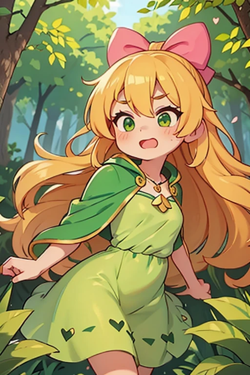 A female character, girl, golden hair, wear a green dress, a dark green cape with a golden bow, and a hot-pink heart-shaped pendant, set in a charming forest scene.