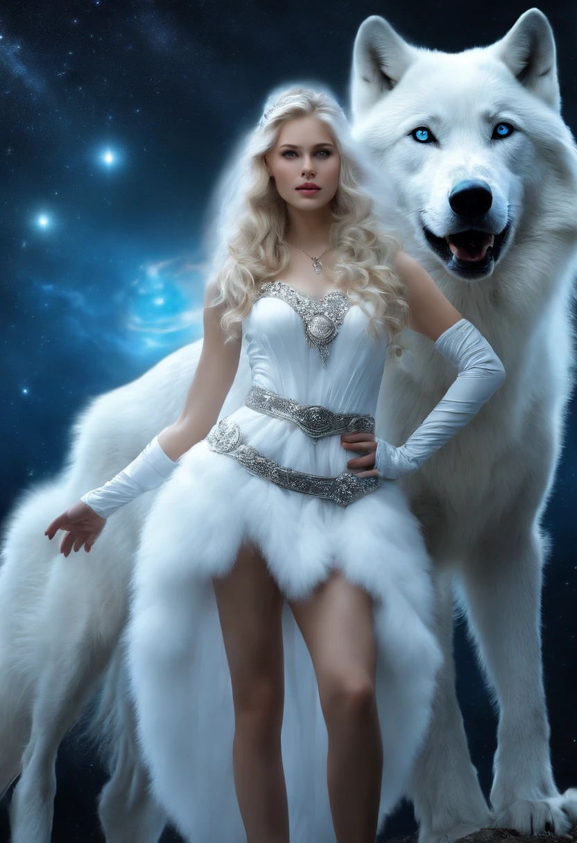 ((White wolf and girl)), ((full-length photo)), (huge wolf), (huge white wolf guards a beautiful girl), movement, running forward, bending forward, blue eyes, the fur of the white wolf glows silver sparkles, (very young girl NSFW), ((girl 16 years old)) lips parted, blue eyes, blonde girl, very long curly hair, transparent dress, transparent air dress, silver trim, silver collar, silver belt, silver sandals , Orion Nebula background, starry sky background, two moons, Orion Nebula, stand on the star path.(masterpiece: 1.5) (photorealistic: 1.1) (bokeh) (best quality) (Detailed skin texture, pores, hair: 1.1) (intricate ) (8K) (HDR) (wallpaper) (cinematic lighting) (sharp focus)