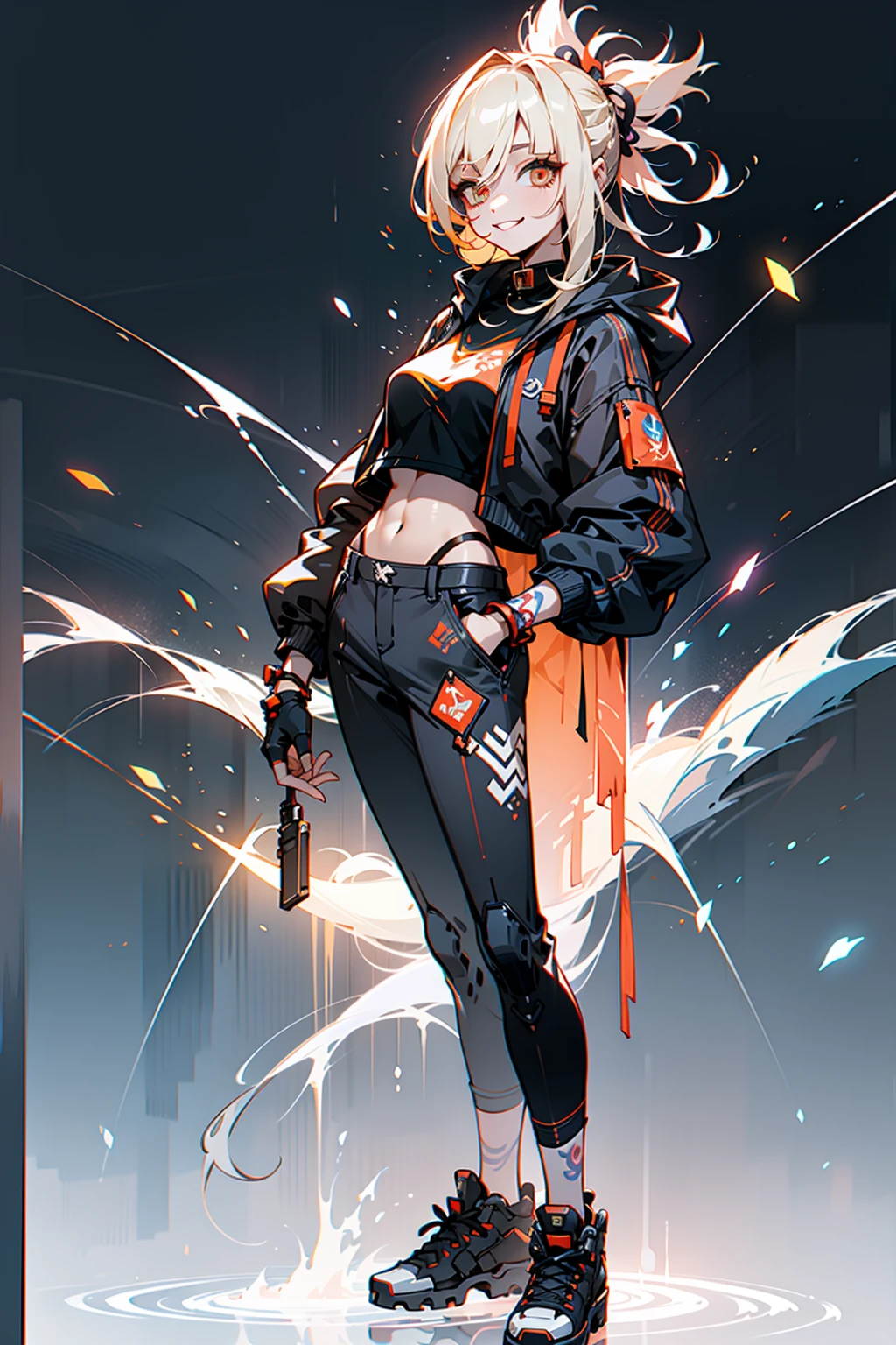 doom \(league of legend\), 1 girl&#39;s big breasts,Smilingly，Alone, woven, double braid, (长长的金色the hair), Surprised eyes,tattoo is, (opens his eyes wide:0.9),See the audience, arm tattoos, middling, lookingat_Shown in_Peek at viewers, short_the hair, mitts, navel, fail, blue_There are eyes, Eternal, full_body, arma, footwear, collars, Black_mitts, septum, hooded, the hair_exceed_Yoon_There are eyes, _top, hoody, Black_trouser, athletic sneakers, fail_, cropped_jaket, Ed_Shown in_pocket, cyber punk personage, cropped_hoody 直立