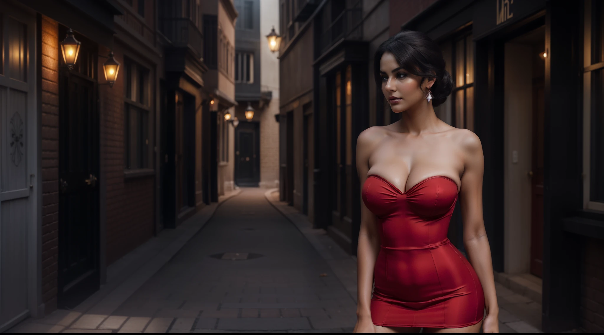 a female fatale with striking features,dangerous and seductive gaze,((standing (alone:1.4) in a dimly lit alley:1.4)),((full-body:1.4, cinematic-shot)),(best quality,4k,8k,highres,masterpiece:1.2),ultra-detailed,(realistic,photorealistic,photo-realistic:1.37),(film grain:1.3).

[(1girl),(solo),((1 person)),(25years-old),[Raiana-Elizabeth-Dilla],pearl skin,(skin pores:1.1),beautiful detailed eyes,beautiful detailed lips,extremely detailed eyes,longeyelashes,extremely detailed face and skin texture,(skin texture:1.1),black hair,tall and slender body,(192cm tall),thin and delicate figure,graceful posture,flawless skin,defined abs,perfect curves,beautiful long legs,(cleavage breasts,large breasts:1.4),((wearing a sexy (red ultra-short vintage strapless minidress:1.4))),extremely detailed and realistic (red) clothes,(shiny skin),((sharp focus:1.5)),(earringeathers:1.5),(charming smile,flawless complexion,red lipstick and smoky eye makeup,)].

[shrouded in mystery and allure].

Official art,extremely detailed,(ultra-dark:1.6) and intriguing atmosphere,expertly executed oil painting,contrasting light and shadow,accentuated facial features,vibrant colors,subtle film noir aesthetic,Angelic ethereal beauty,award-winning photography,professional photography,depth-of-field,bokeh.