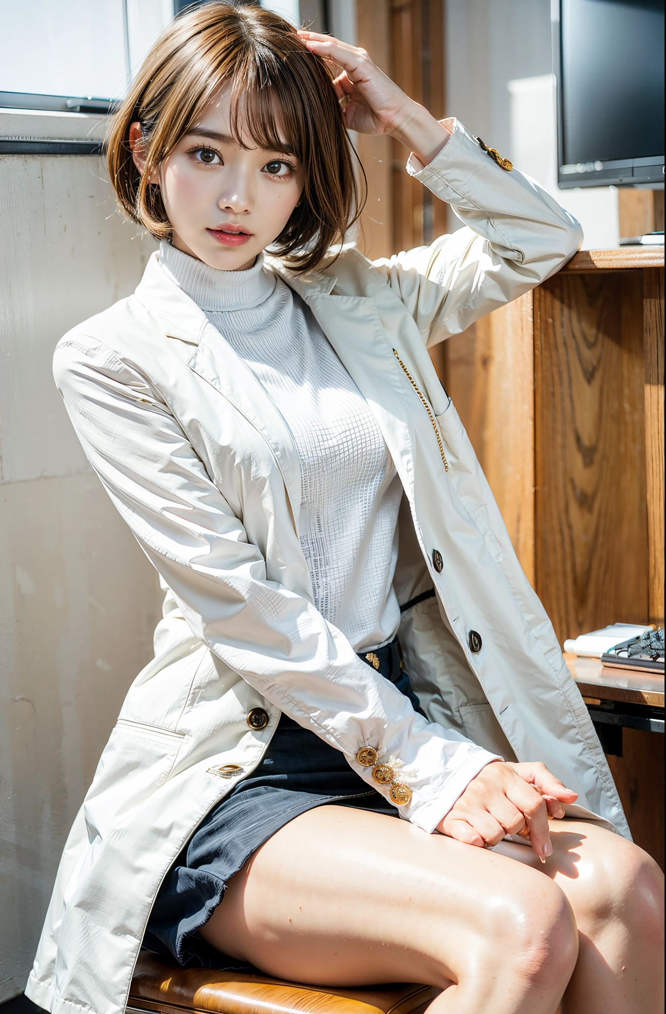 (​masterpiece、Low angle shooting:1.3), 8K, Photorealsitic, Raw photography, Top image quality、(long white coat、a miniskirt、One hand behind the head、eye glass: 1.4), Japan high school girls、(Random hairstyles、sit a chair、luxury office room、Casual pose:1.2)、prety woman:1.4、light brown hair、Beautiful face、A smile、Put your shoulders out、slender、short-haired、Chest out