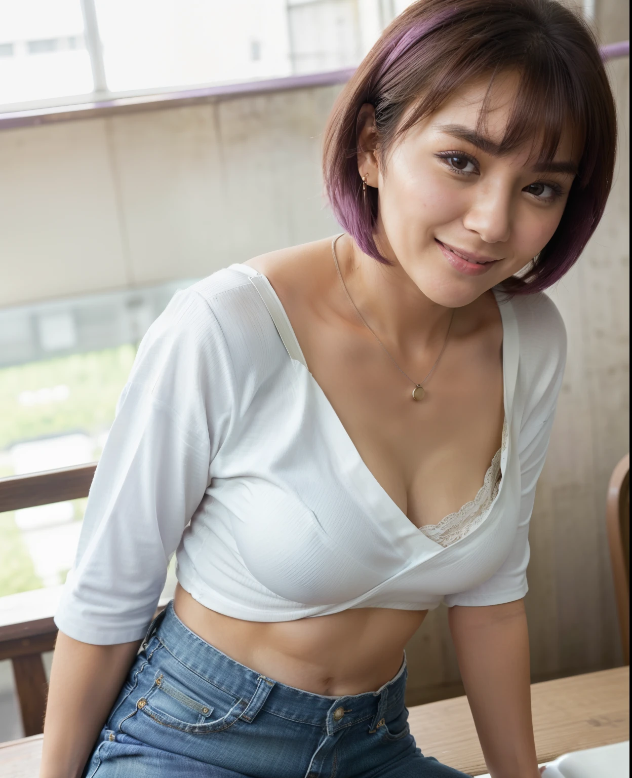 (Best quality, 8k, 32k, Masterpiece, UHD:1.2),Photo of Pretty Japanese woman, 1gril,black short hair, cleavage, large breasts,(detailed white loose t-shirt:1.2),denim pants,necklace,(detailed blue lace bra:1.1),(leaning forward:1.8),looking at viewer,pov,looking down,across table,(hands on table:1.1),smile,in cafe,upper body, all fours,