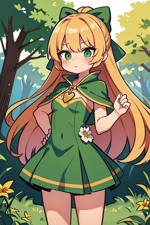 A female character, girl, golden hair, wear a green dress, a dark green cape with a golden bow, and a hot-pink heart-shaped pendant, set in a charming forest scene.