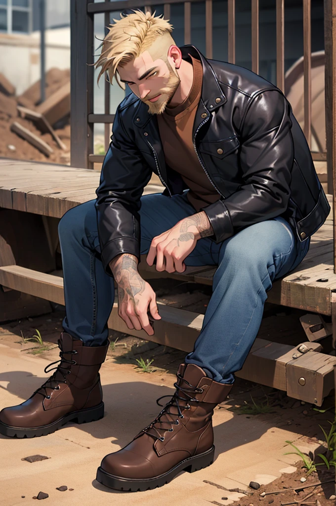 brown leather jacket, dark blue jeans, brown gore-tex boots, short beard, dirt blonde