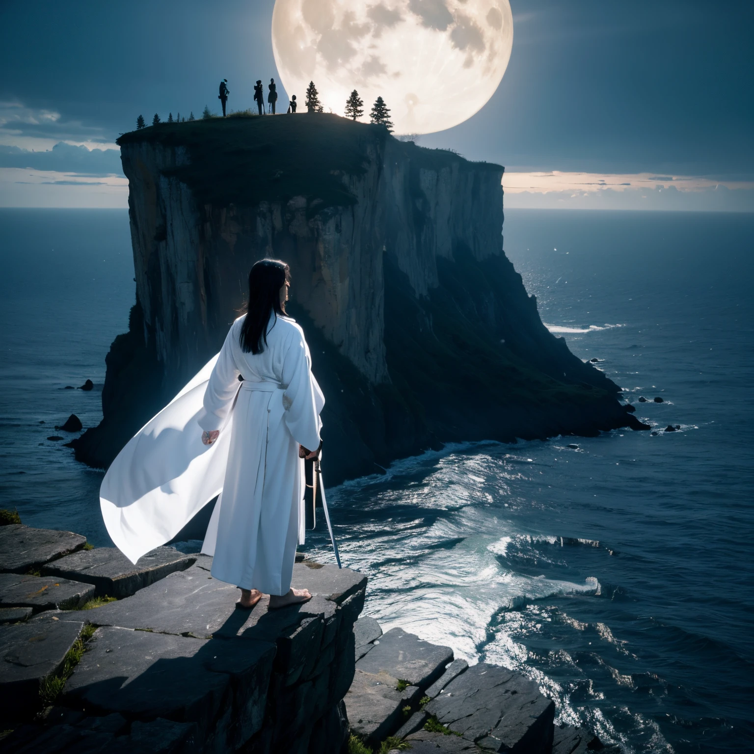 A man in a white robe,In the dark night,standing on cliff,There is a sword stuck on the cliff,Turn your back to the bright moon,style of anime,Like banishing an immortal。