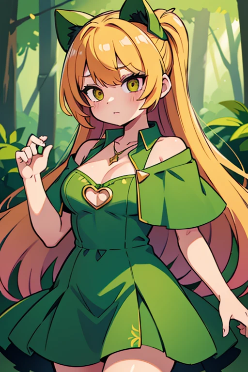 A female character, girl, golden hair, wear a green dress, a dark green cape with a golden bow, and a hot-pink heart-shaped pendant, set in a charming forest scene.