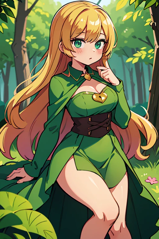{
"Full body and front view picture of a beautiful girl, 2, standing confidently in a magical forest with a serious expression",
"camera_angle": {"Full body, front view, focusing on her athletic figure and long legs"},
"outfit": {"Short green dress with a plunging neckline, thigh-high slit on one side, and a thin brown leather belt cinching her waist, brown gladiator sandals that lace up to her knees"},
"physical_description": {"Slim and athletic body, long straight dark blonde hair, large green eyes, thin arched eyebrows, full lips with a glossy finish, very fair skin with a slight tan, intense and determined expression"},
"pose": {"Standing with one hand on her hip, the other slightly extended as if touching the air around her"},
"background": {"Enchanted forest with tall trees, glowing plants, and a soft mist swirling around her feet"}
}