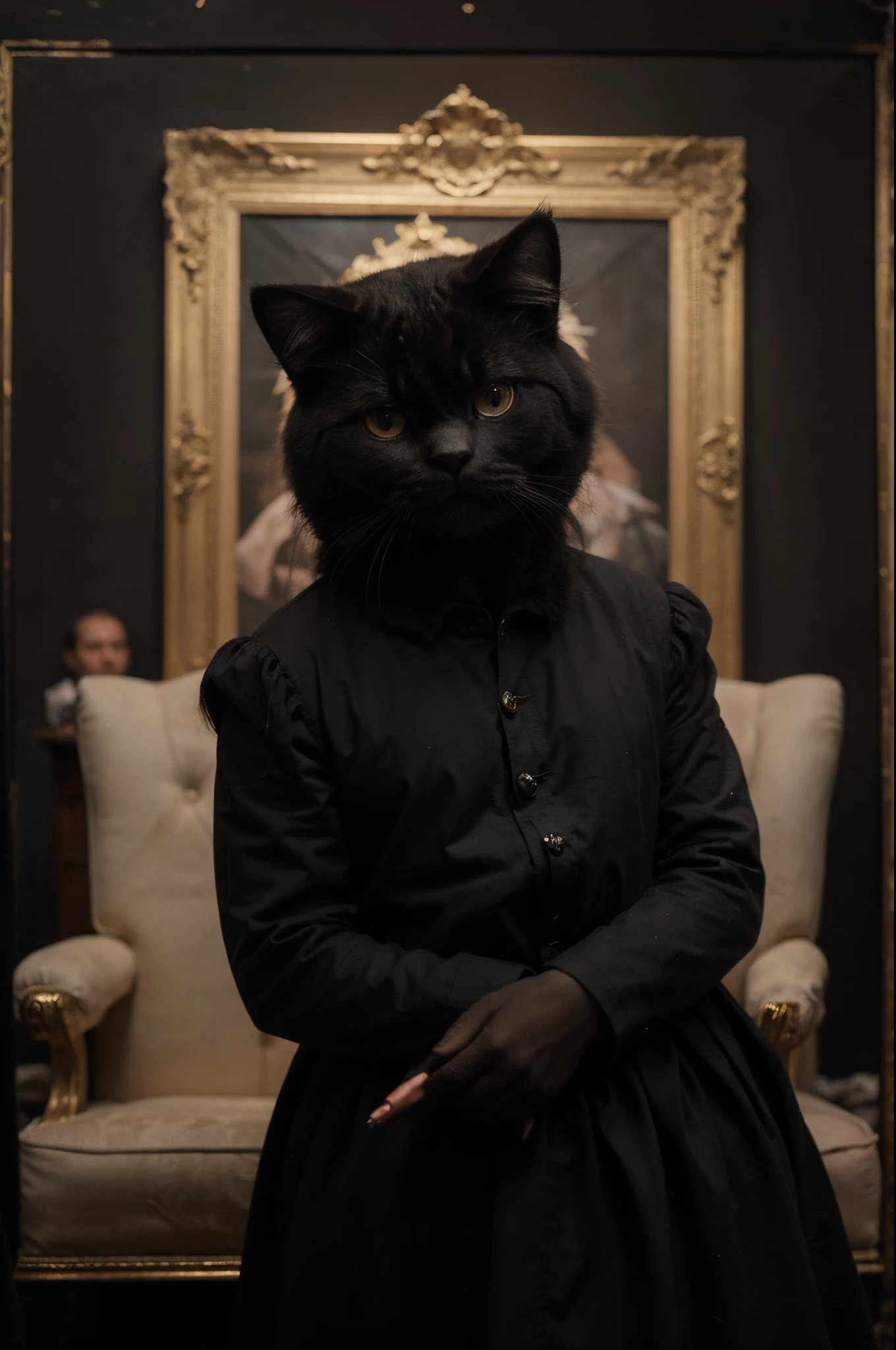 (((masterpiece, best quality))) (dark shot:1.4) ((Oil painting)) Portrait of The European Royal family ((Persian Cat King)) dressed in a magnificent Renaissance-style king suit, (cinematic lighting), (((dark background))), realistic oil painting,