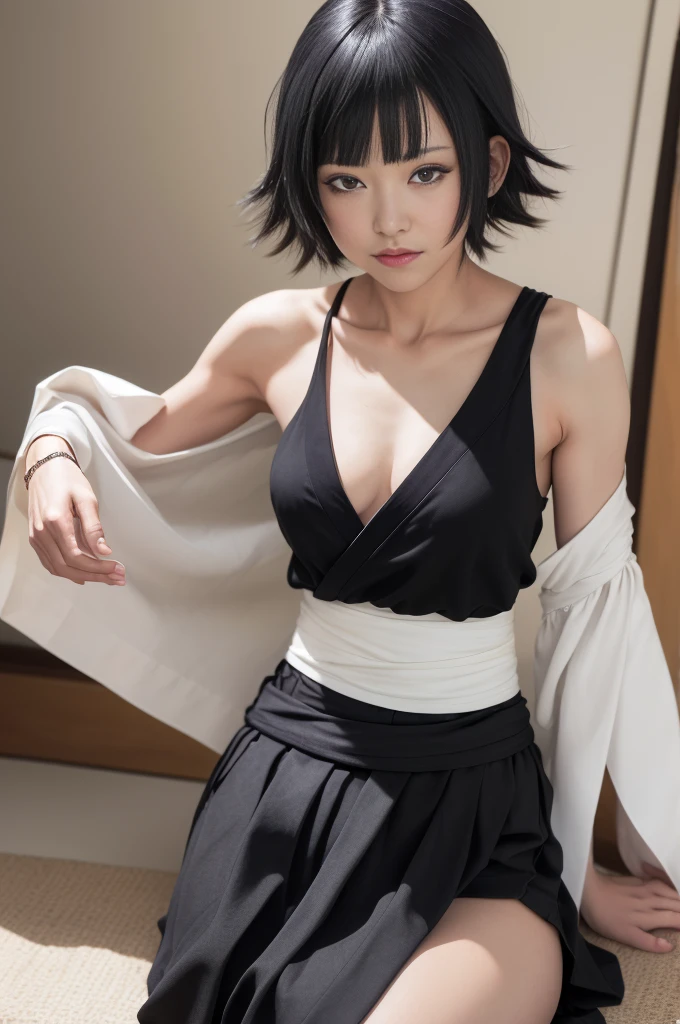 (masutepiece), (Best Quality), (Beautiful eyes and face), (Perfect female body), (Shiny skin), Off-the-shoulder clothing，up close shot，sportrait，1girll, Solo, Black hair, Short hair, Bob long hair, With gray eyes,Black kimono, Sleeveless, white sash, Black Hakama Skirt, (Long skirt:1.2), cleavage