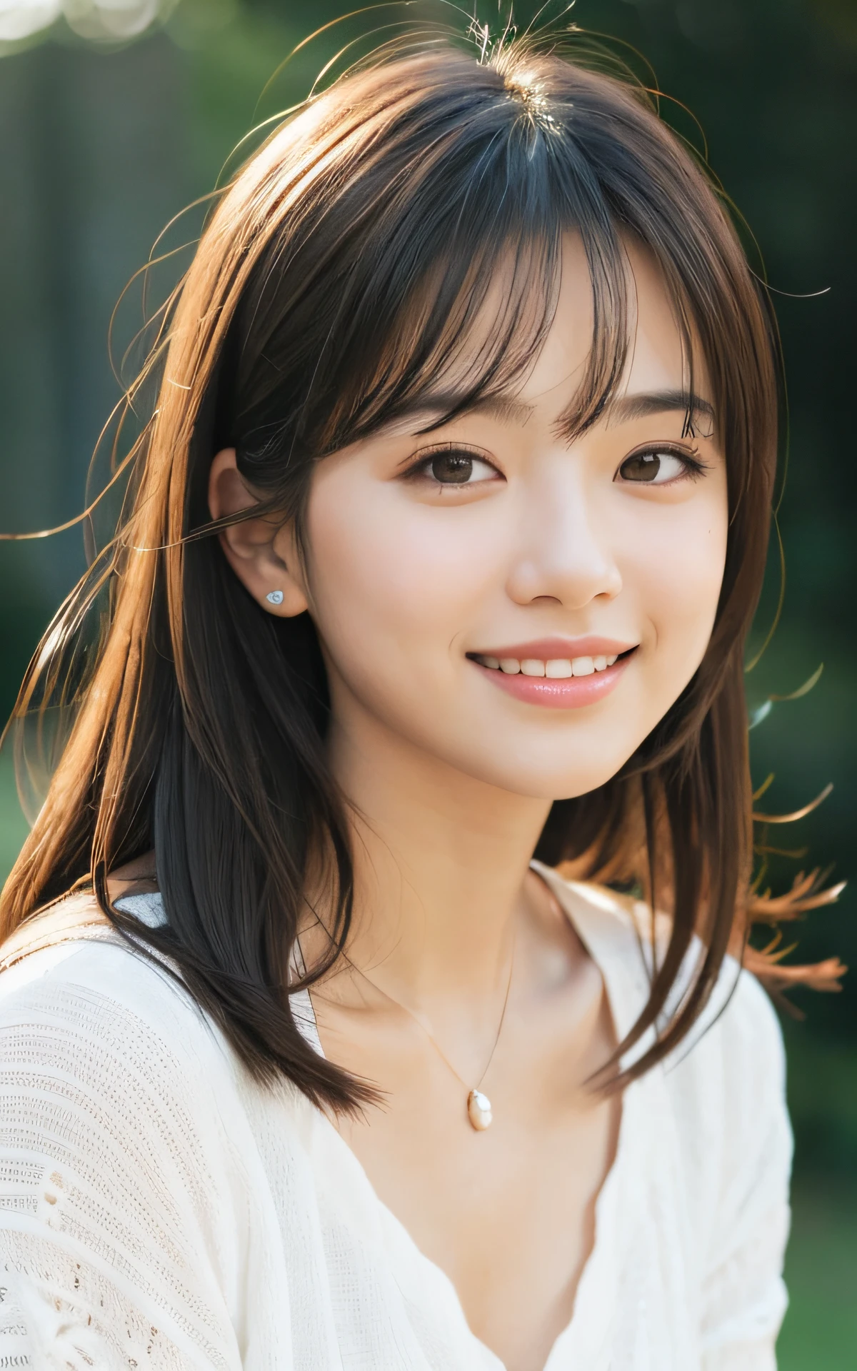 masutepiece, Best Quality, 8K, 1 girl, 20 yo, Closed mouth, Happy smile, close-up, Close-up of face, Solo, Cute, Girly, Delicate girl, Neat and clean beauty, Raw photo, Professional Photography, Portrait, Soft light, Professional Lighting, Back lighting, Look away, looking at away, Sophisticated, Film grain, (Eyes and faces with detailed:1.0), medium length floating hair, Beautiful flowing hair,