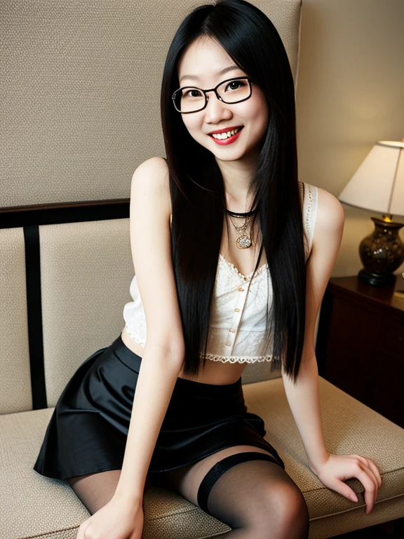 asian, glasses, tights, sexy bra, pencil skirt, smile, upskirt, sexy pose, long straight hair, long legs