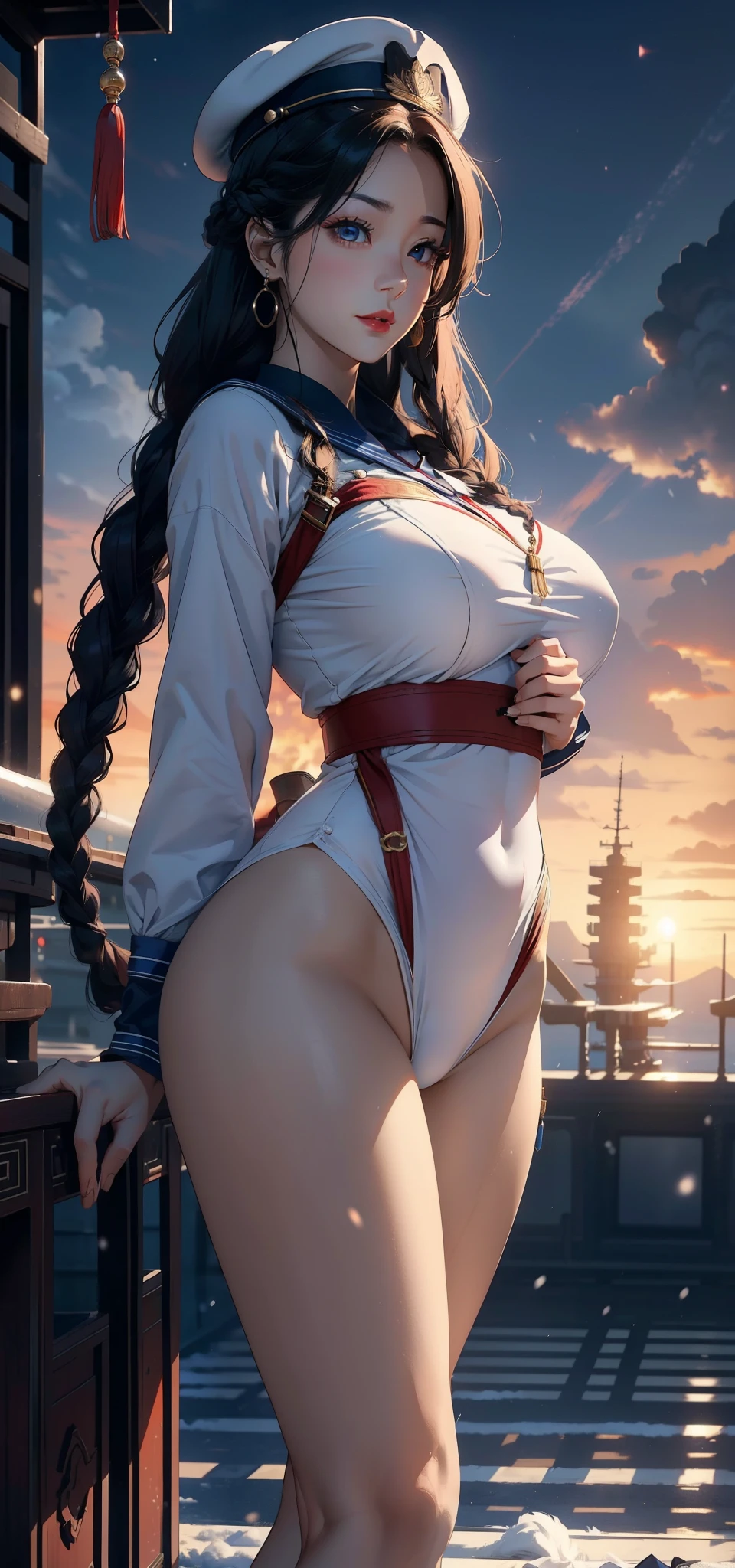 1female,35yo,plum,very huge big breastig chest and thin waist,legs long, 独奏,(Background with:aircraft carrierigger,airships,warships),legs are open,, and his long black hair,Twist braids,Stand on a warship,seen from the front, , The sky is mostly cloudy,(((tmasterpiece),(Very detailed CG unified 8k wallpaper),Best quality,电影灯光,detailed back ground,Beautiful and detailed right pupil without eyes,Snow-whiteskin,Redlip(Very delicate and beautiful),(Beautiful and detailed eyes description),ultra - detailed,tmasterpiece,))facing at the camera,A high resolution,ultra - detailed), convex,legs are open,Raised sexy,Camel toe skin color,longing unsatisfied,street frontage,Chinese Navy,Blue and white sailor suit,Sailor's cap,Red five-pointed star logo