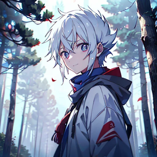 人物:White hair,put on gray hood,Blue shirt,red pupils and blue pupils,Sad eyes,tear drop,Red scarf fluttering in the wind,Raise your right hand and stretch forward,Forced smile,houses on fire,Dust flying,nevando,coniferous forest,natta