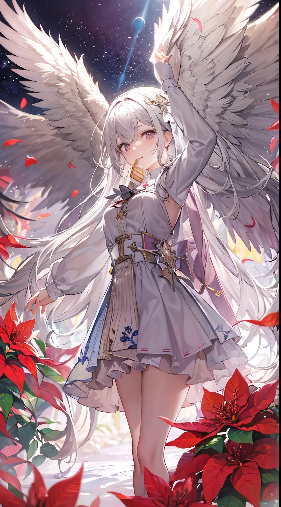 High level of image quality、high high quality、masterpiece、dream-like、Sparkling poinsettias、sparkling petals flyinany petals、vibrancy、Silver-haired girl one、eyes with brightness、Eyes seem to be sucked in、Fascinating、airbubble、dramatics、cheek with hand、Enlarge your face、Moon Night、large full moon、Four big wings like angeleautiful background and lots of text